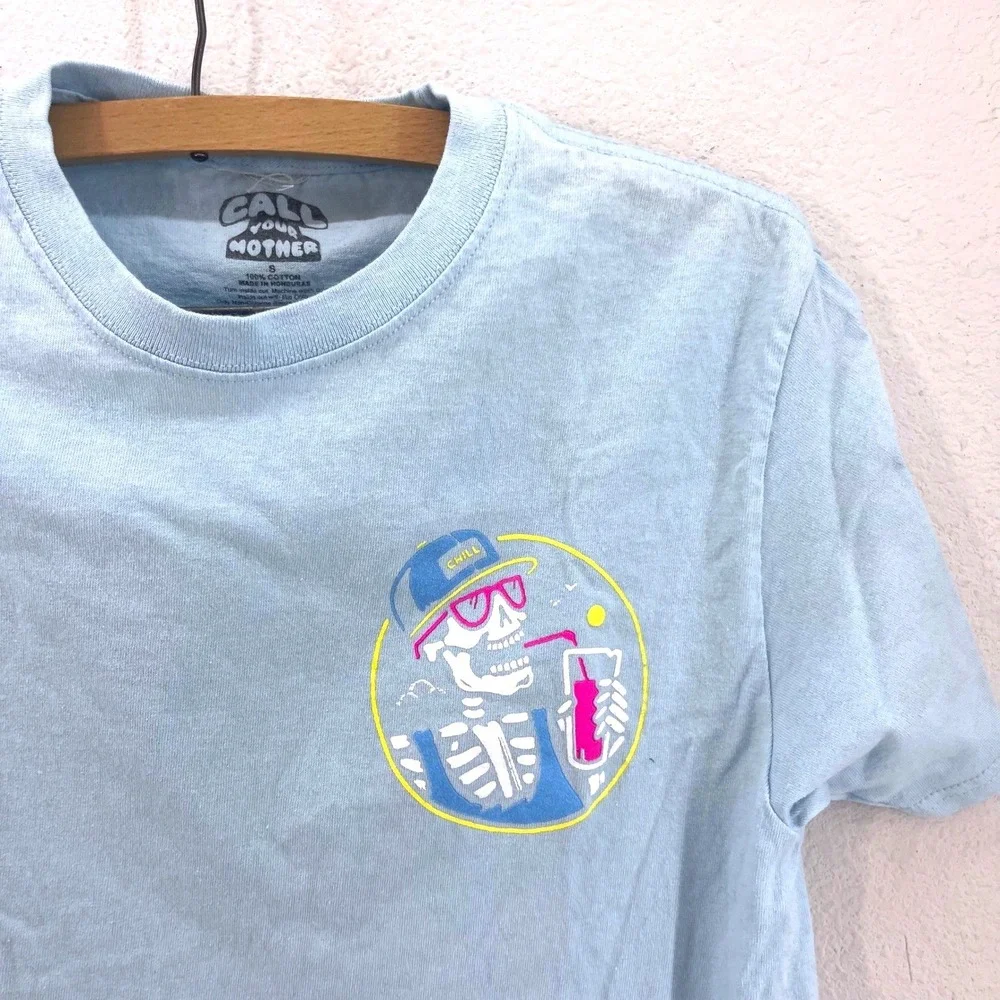 Call Your Mother Skeleton Drink Graphic T Shirt Light Blue Short Sleeve Cotton S